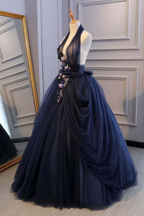 Princess Ball Gown Dark Blue Tulle Halter Prom Dresses Deep V Neck Backless Evening Dresses INI90