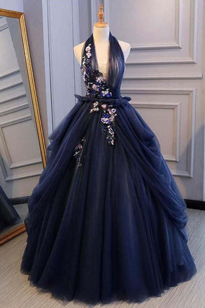 Princess Ball Gown Dark Blue Tulle Halter Prom Dresses Deep V Neck Backless Evening Dresses INI90