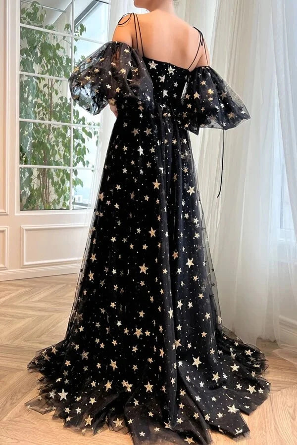 Black Tulle A-line Short Sleeves Stars Long Prom Dresses With Slit, Evening Dresses INP217