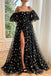 Black Tulle A-line Short Sleeves Stars Long Prom Dresses With Slit, Evening Dresses INP217