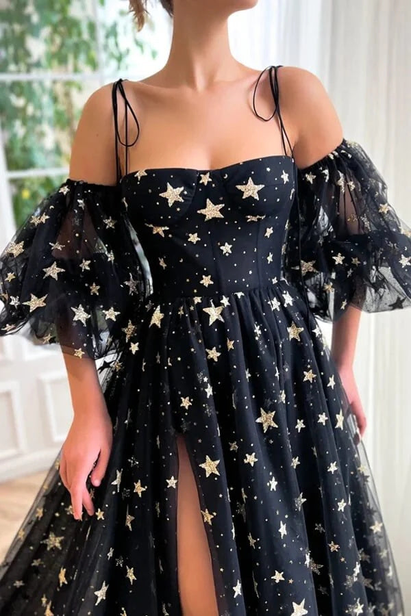 Black Tulle A-line Short Sleeves Stars Long Prom Dresses With Slit, Evening Dresses INP217