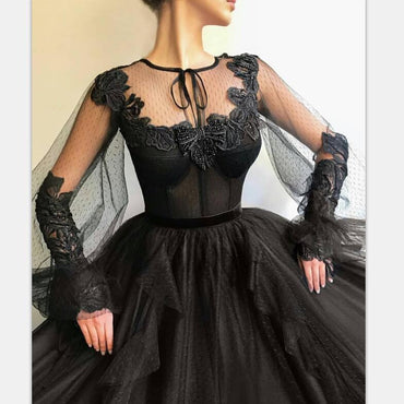 Black Long A-line Tulle Prom Dress, Long Sleeves Modest Evening Gown ING82