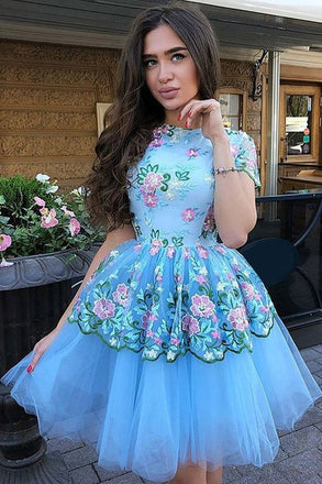 Blue Floral Prints Tulle Short Sleeves A Line Charming Homecoming Dresses INE9
