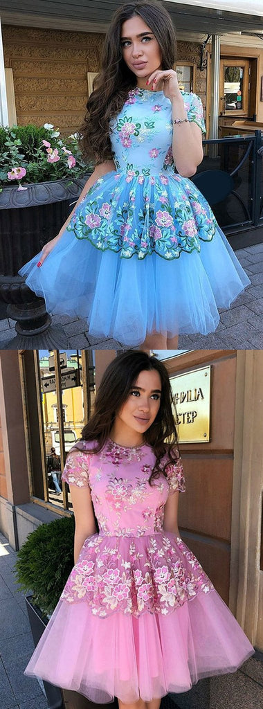 Blue Floral Prints Tulle Short Sleeves A Line Charming Homecoming Dresses INE9