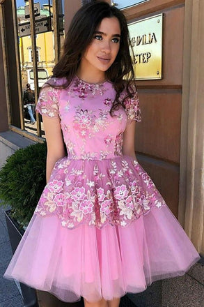 Blue Floral Prints Tulle Short Sleeves A Line Charming Homecoming Dresses INE9