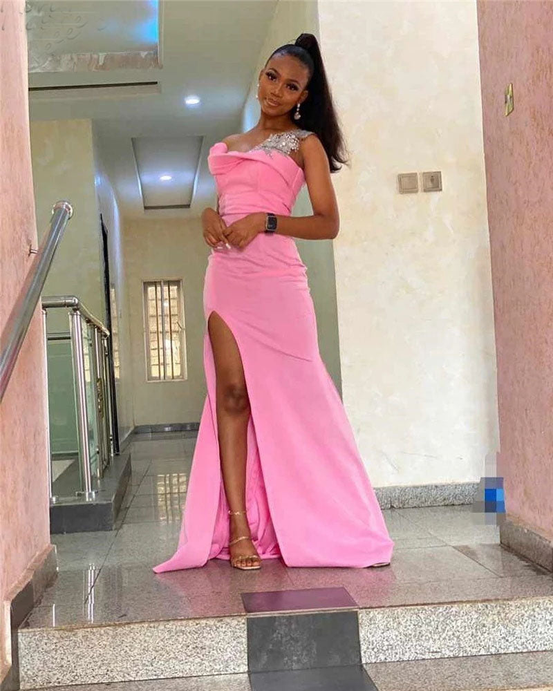 Crystal One Shoulder Side Slit Silk Satin Mermaid Bridesmaid Gowns With Bowknot IN1835