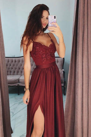 Burgundy A Line V-Neck Long Spaghetti Strap Split Prom Dresses With Lace INH74