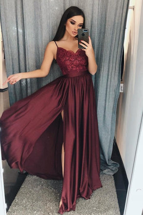 Burgundy A Line V-Neck Long Spaghetti Strap Split Prom Dresses With Lace INH74