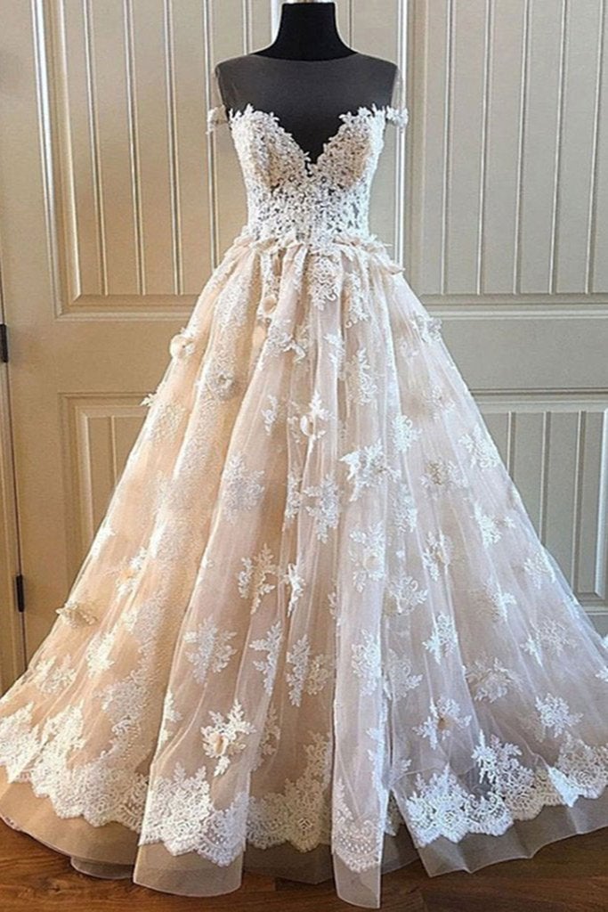 Charming Lace Long A Line Prom Dress, Long Wedding Dress With Cap Sleeves INE92