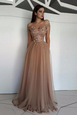 A Line Off Shoulder Tulle Lace Appliques Long Prom Dresses, Formal Dresses, Graduation Dresses INJ16