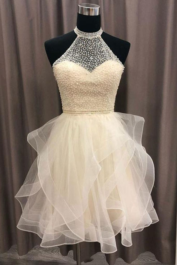 Tulle Crystal Beaded Short Prom Dress, Ruffles Homecoming Dress INO71