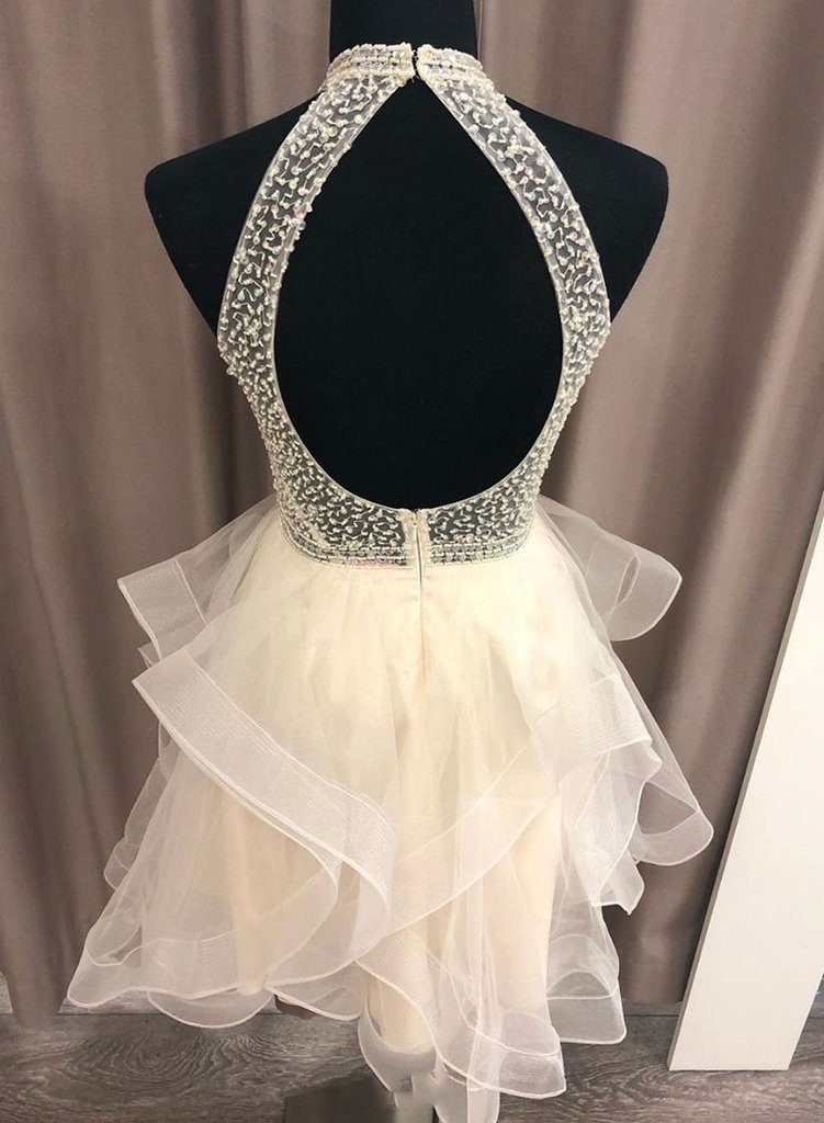 Tulle Crystal Beaded Short Prom Dress, Ruffles Homecoming Dress INO71