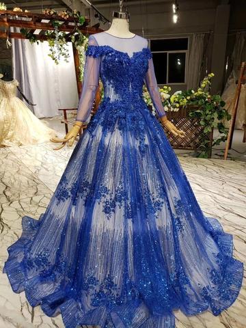 Charming Long Sleeve Tulle Royal Blue Applique Ball Gown Prom Dresses with Beads INN74