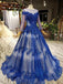 Charming Long Sleeve Tulle Royal Blue Applique Ball Gown Prom Dresses with Beads INN74