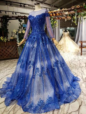 Charming Long Sleeve Tulle Royal Blue Applique Ball Gown Prom Dresses with Beads INN74