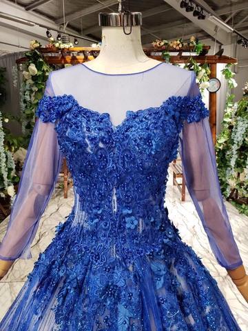Charming Long Sleeve Tulle Royal Blue Applique Ball Gown Prom Dresses with Beads INN74
