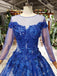 Charming Long Sleeve Tulle Royal Blue Applique Ball Gown Prom Dresses with Beads INN74