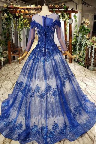 Charming Long Sleeve Tulle Royal Blue Applique Ball Gown Prom Dresses with Beads INN74