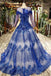 Charming Long Sleeve Tulle Royal Blue Applique Ball Gown Prom Dresses with Beads INN74