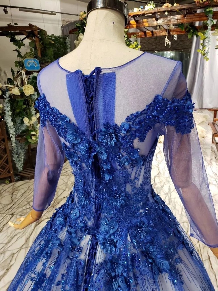 Charming Long Sleeve Tulle Royal Blue Applique Ball Gown Prom Dresses with Beads INN74