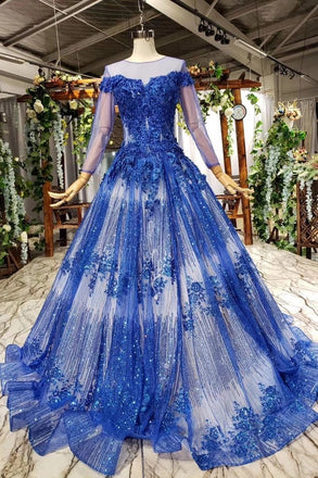 Charming Long Sleeve Tulle Royal Blue Applique Ball Gown Prom Dresses with Beads INN74
