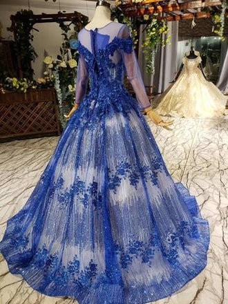 Charming Long Sleeve Tulle Royal Blue Applique Ball Gown Prom Dresses with Beads INN74
