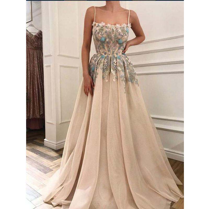 Charming Spaghetti Straps Appliques A-line Formal Long Prom Dresses INH14