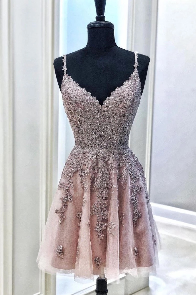 Pink Tulle Lace Appliques Spaghetti Straps Short Prom Dress, Mini Party Dress INO65