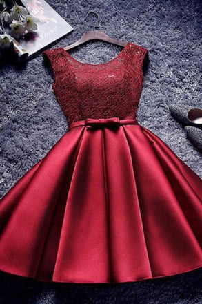 Burgundy A A Line Short Satin Homecoming Dresses IND85