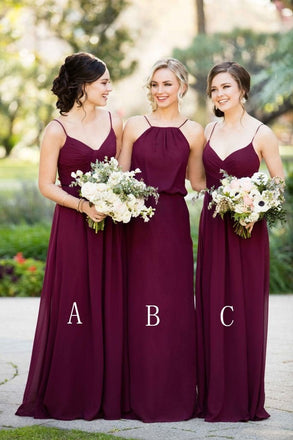 A Line Burgundy Chiffon Straps Long Bridesmaid Dresses ING74