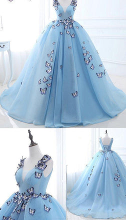 Ball Gown Long Sky Blue Butterfly V Neck Prom Dress,Quinceanera Dresses INE79