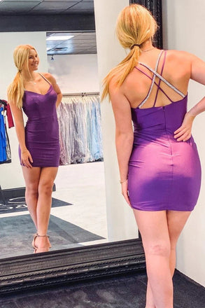 Purple Spaghetti Straps Homecoming Dress Sheath Short Prom Dress With Beads INHD39