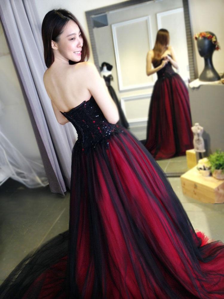 Burgundy Lace Tulle A Line Strapless Long Prom Dress IN947