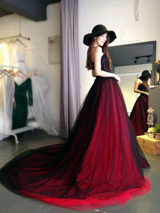 Burgundy Lace Tulle A Line Strapless Long Prom Dress IN947