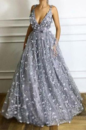 Deep V-Neck Long Flowers Lace Grey Prom Evening Dress A-Line Formal Dresses ING10