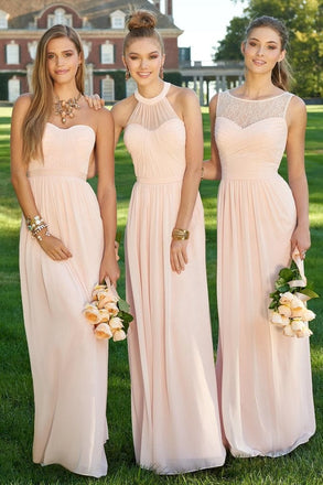 Simple Chiffon Blush Pink A Line Floor-Length Cheap Bridesmaid Dresses IND61