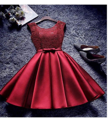 Burgundy A A Line Short Satin Homecoming Dresses IND85