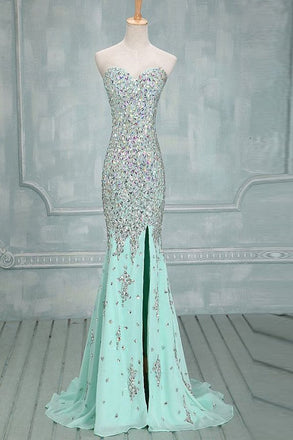 Mermaid Beaded Mint Front Split Long Prom Dress Evening Dresses DE0646
