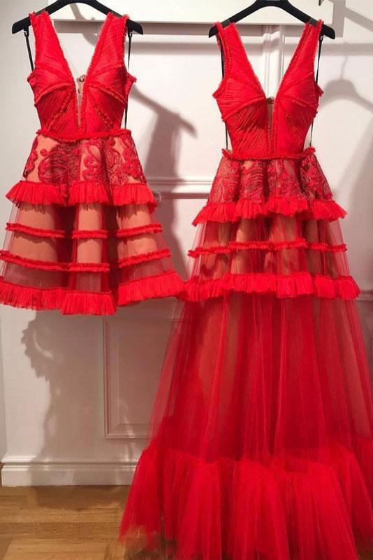 Charming Red V Neck Tulle Long Prom Dress, Evening Ddress INP62