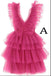 A Line Hot Pink V Neck Tiered Homecoming Dresses, Cute Tulle Short Prom Party Dresses INHD37