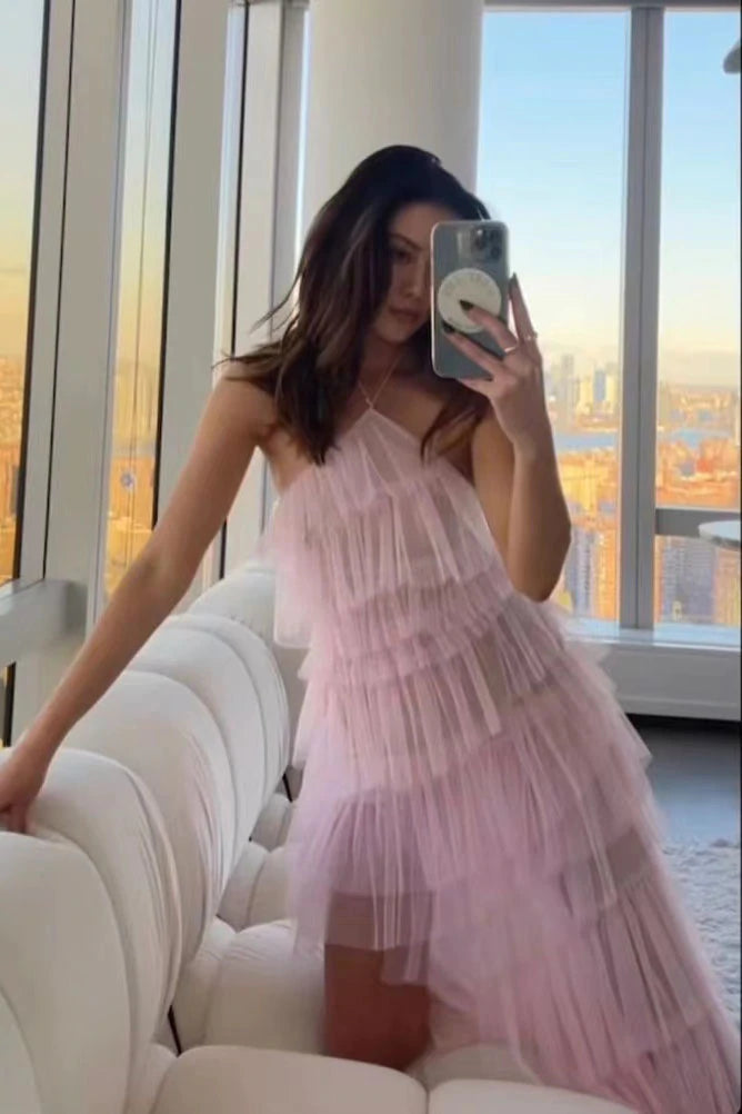Beautiful Halter Ruffles Tulle Prom Dresses with Slit, Long Evening Party Dress INDP10