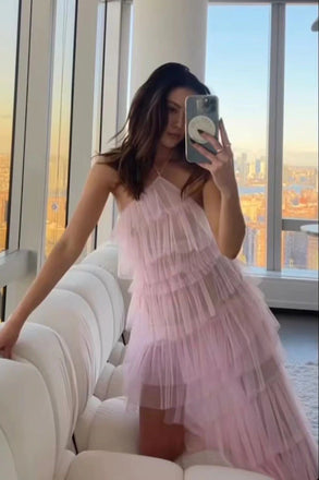 Pink Halter Ruffles Tulle Prom Dresses with Slit, A Line Long Backless Party Dress INDP11