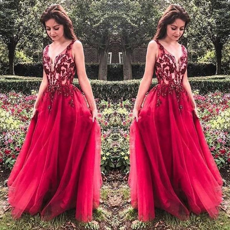 Unique Red V Neck Tulle Appliques Prom Dresses, Long Party Gowns INH15