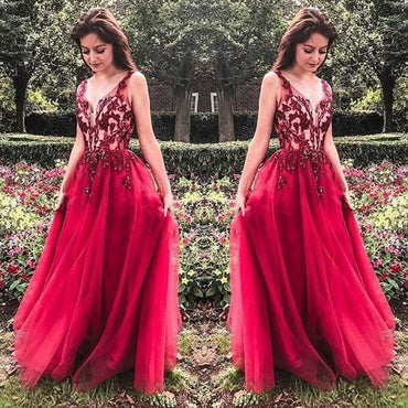 Unique Red V Neck Tulle Appliques Prom Dresses, Long Party Gowns INH15