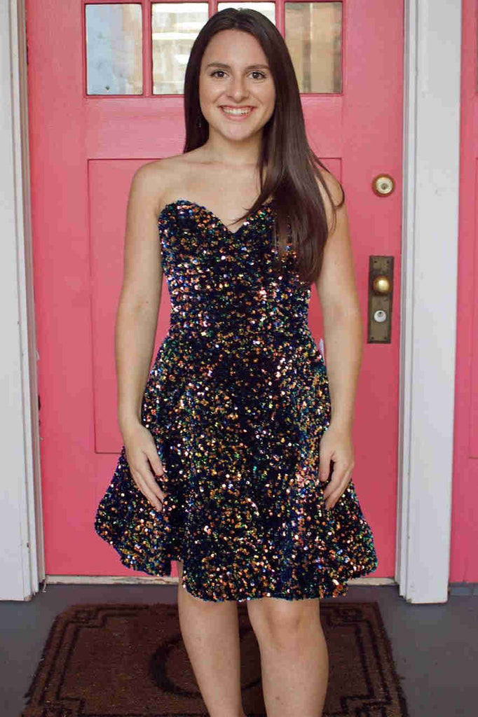 Sweetheart A Line Navy Blue Short Party Dresses Sequins Homecoming Dresses INHD29