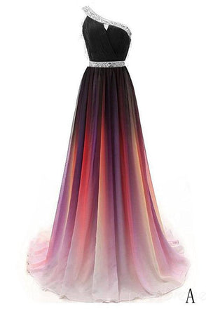 Cheap One Shoulder Ombre Beaded Long Evening Prom Dresses INK38