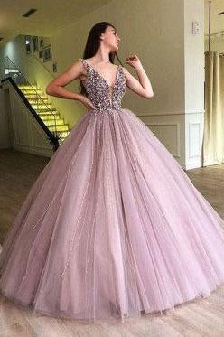 V Neck Tulle Long Ball Gown Prom Dress, Formal Evening Dress INE20