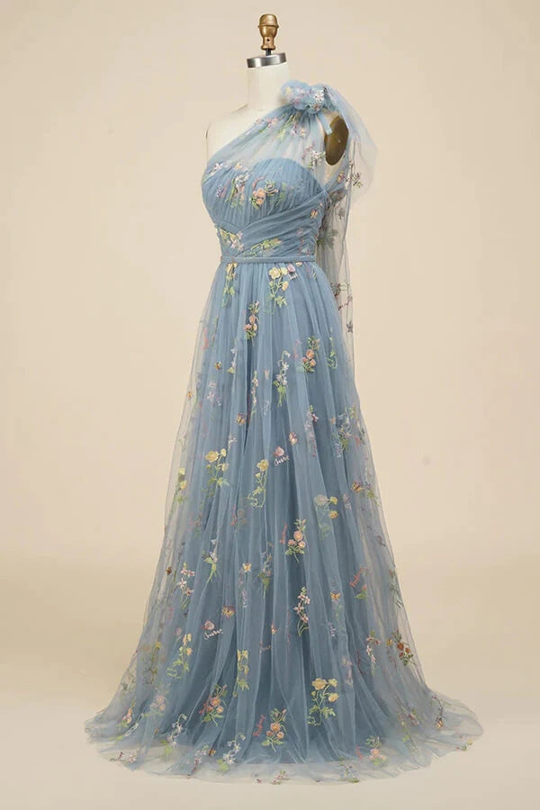 Grey Blue A-line Floral Embroidery One Shoulder Prom Dresses, Formal Evening Gown INP215