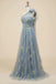 Grey Blue A-line Floral Embroidery One Shoulder Prom Dresses, Formal Evening Gown INP215
