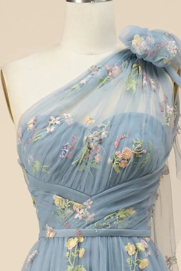 Grey Blue A-line Floral Embroidery One Shoulder Prom Dresses, Formal Evening Gown INP215